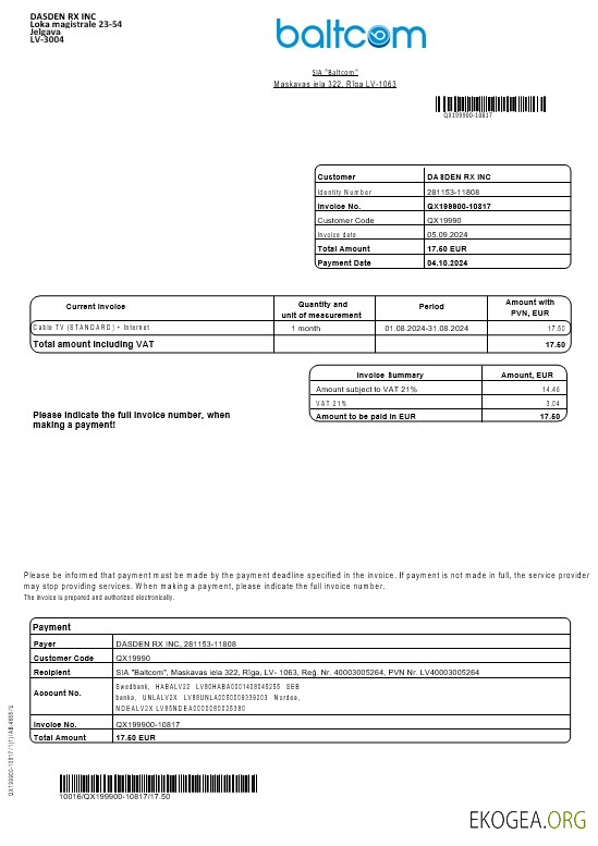 Modèle de facture de services publics pour les entreprises de télécommunications de Lettonie Baltcom aux formats Word et PDF (version anglaise)